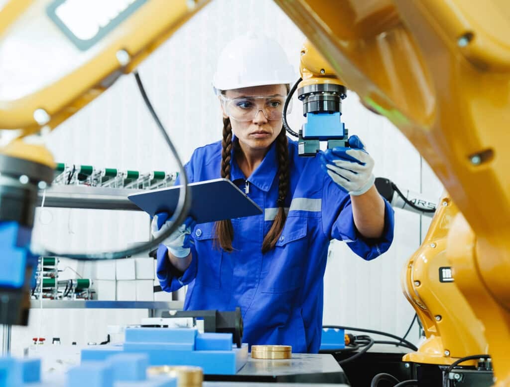 female automation machine engineer inspecting robot arm machine