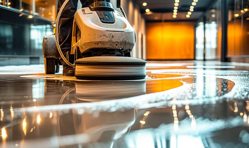 Professional janitorial staff using an industrial floor buffer