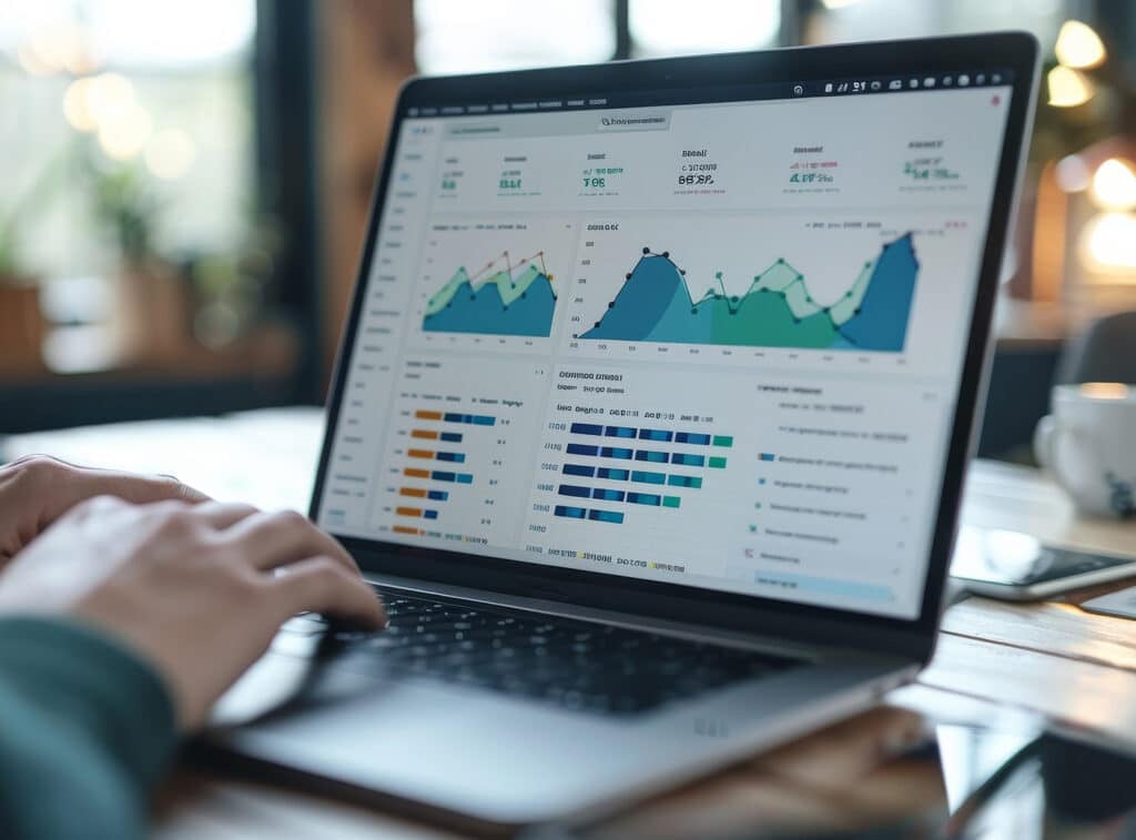 A person analyzing data on their laptop, with the screen showing graphs and tables