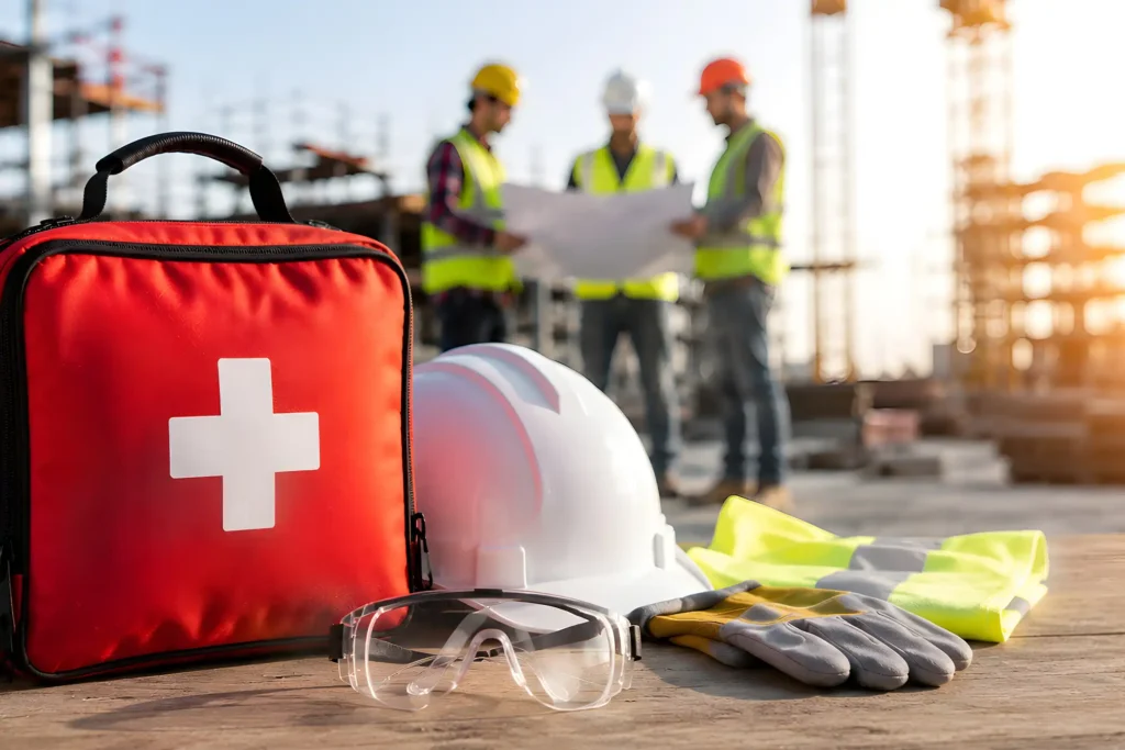 Construction site safety management with red medical kit